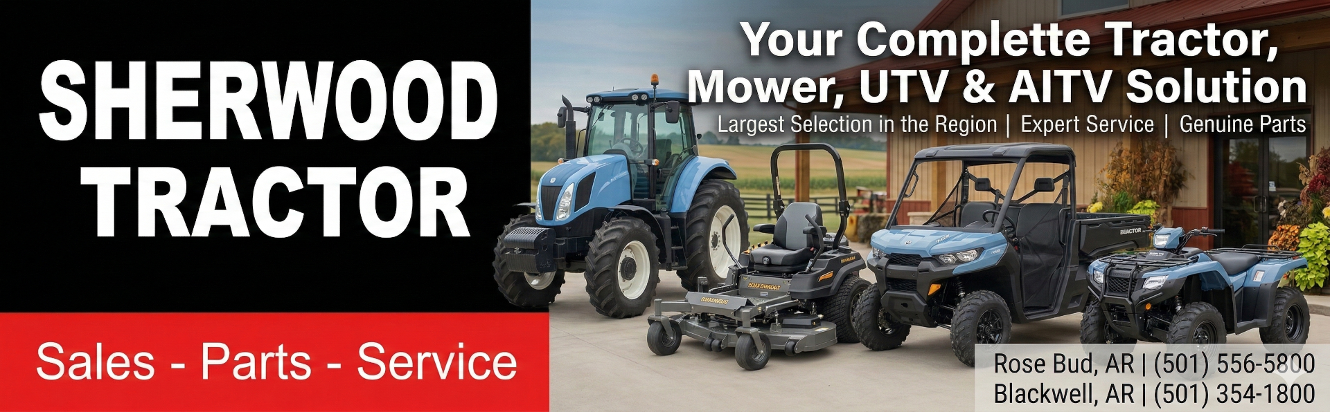 Sherwood Tractor banner with tractor, mower, UTV and ATV
