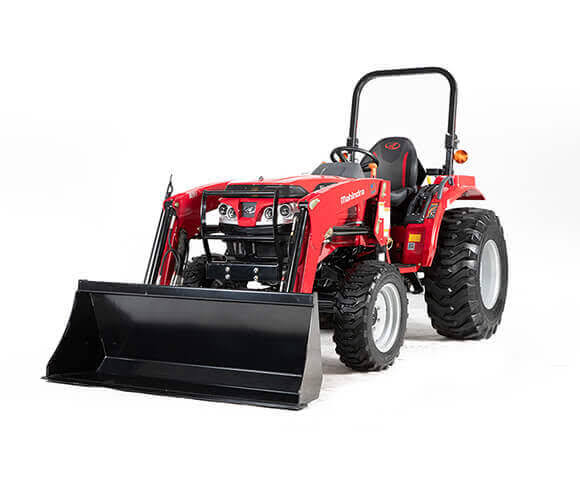 Red Mahindra compact tractor with front loader