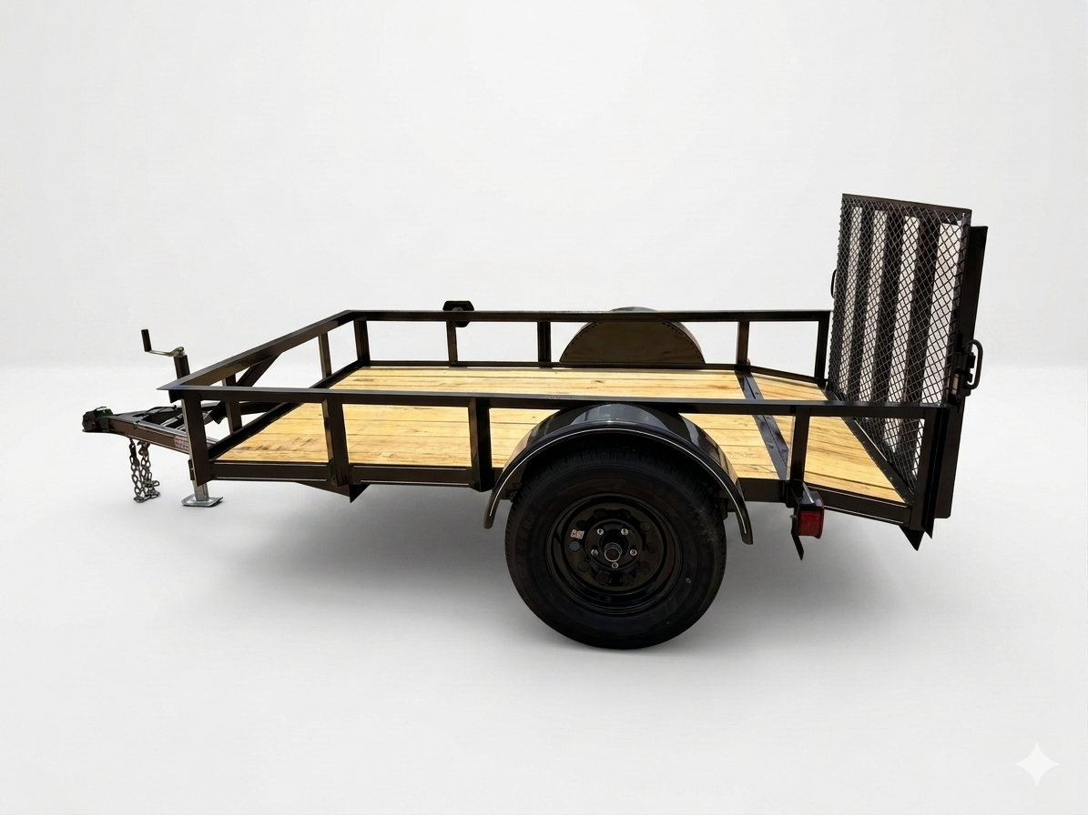 Utility trailer with wooden deck and ramp gate